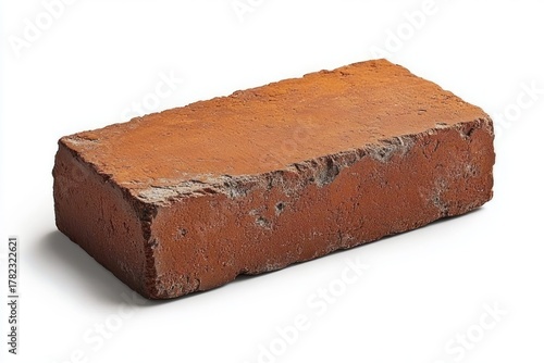 single rough red clay brick with textured surface isolated on white background