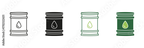 Oil Barrel With Droplet Line And Solid Icon Set. Petroleum Storage, Energy Resource, And Fuel Industry Symbol Collection. Environmental Impact And Resource Management. Isolated Vector Illustration