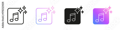 Musical Note With Sparkles Icon Set. AI Music Technology and Creative Innovation Symbols. Artificial Intelligence Audio, Sound Recognition and Media Automation. Isolated Vector Illustration