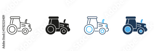 Tractor Line And Solid Icon Set. Agricultural Machinery And Farming Equipment Symbol Collection. Rural Transport For Cultivation And Harvest. Isolated Vector Illustration