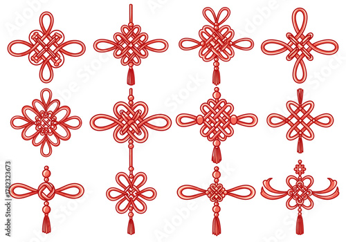 Collection of Intricate Red Chinese Knots for Decorative or Symbolic Purposes