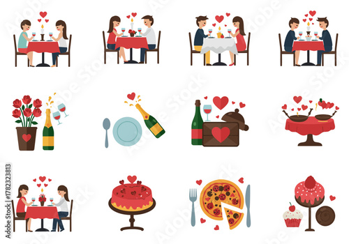 Romantic Valentine's Day Dinner and Celebration Icons