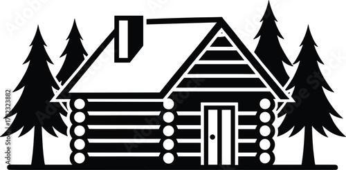 PrintLog cabin in forest, wooden house silhouette, pine trees background, rustic home vector illustration, nature camping design, black isolated graphic
