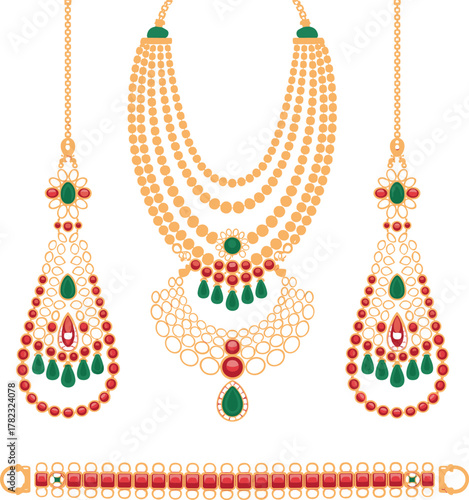 PrintLuxury Indian gold jewelry set with emerald and ruby gemstones, elegant bridal necklace earrings and bracelet design, traditional ethnic accessory illustration