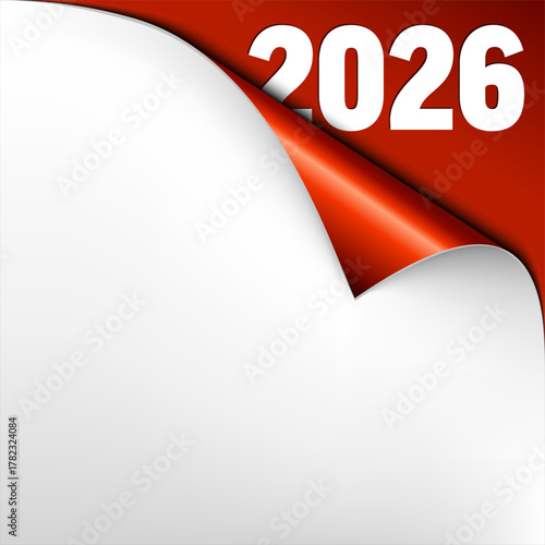 An eye-catching 2026 New Year page curl design element with a white curling paper revealing the year 2026 on a red background. This vivid 2026 graphic is perfect for new year designs and countdowns.