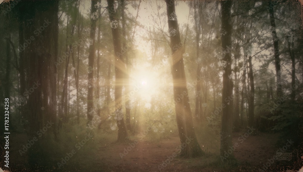 Naklejka premium Blurred abstract image featuring a light burst among trees, creating a shimmering bokeh effect, suitable for artistic backgrounds