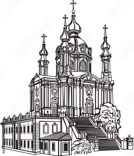 St Andrew's Church in Kiev city. Hand drawn vector illustration