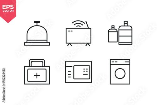 Set of line icons related to reception, mini bar, WIFI, first aid, microwave, laundry. Editable stroke. Vector illustration