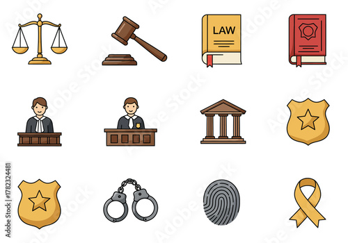 Law and Justice Icons Courthouse, Scales, Judge, and Handcuffs