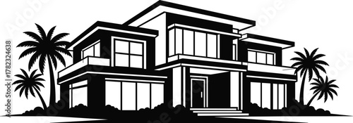 PrintModern luxury tropical house illustration, contemporary beachfront villa design, palm tree landscape, black and white architecture, minimalist vacation home vector art