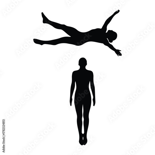 Diver silhouette in mid-air above another diver diving