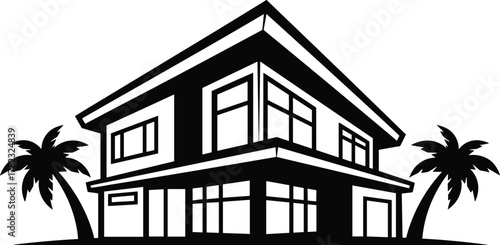 PrintModern tropical house silhouette, contemporary beach home architecture, palm tree design, minimalist villa illustration, luxury vacation property, black and white vector art