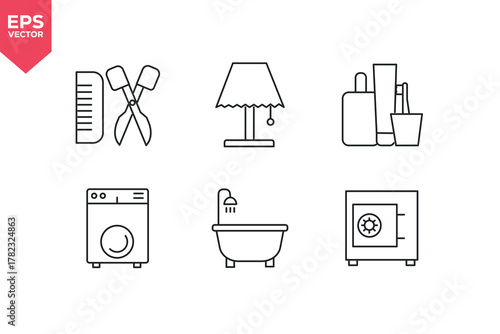 Set of line icons related to bathroom, laundry, microwave, lamp. Editable stroke. Vector illustration