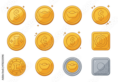 Golden Coins and Currency Icons Set for Finance and Investment Themes