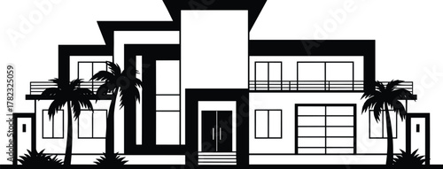 PrintModern tropical villa exterior, luxury contemporary architecture, elegant beach house with palm trees, minimalist black and white home design illustration