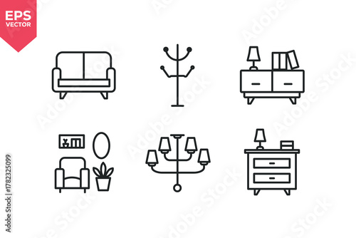 Set of line icons related to sofa, floor hanger, living room, chandelier, desk. Editable stroke. Vector illustration
