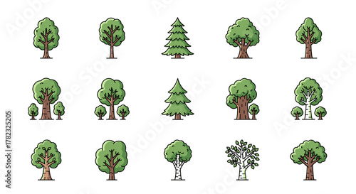 Collection of stylized cartoon trees, including deciduous and coniferous varieties, presented as a clean vector illustration on a white background, perfect for graphic design, book illustrations
