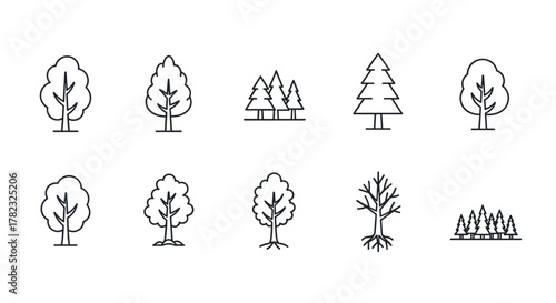 Collection of minimalistic line art icons representing various trees, including deciduous and coniferous types, set against a clean white background, perfect for web design, app interfaces, social
