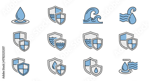 Collection of water and shield symbols for graphic design, websites, cards, books, and articles. This vector cartoon illustration features a clean white background and an ordered set of icons