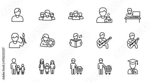 Diverse set of outline icons representing various human activities and roles, including family, work, hobbies, and education, perfect for graphic design, web, and print projects.