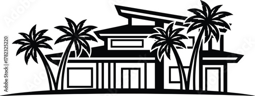 PrintModern tropical villa with palm trees, contemporary beach house architecture, luxury vacation home design, black and white minimalist vector illustration