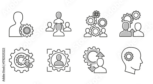 Collection of outline icons representing user interaction with gears and cogwheels, symbolizing teamwork, process, and efficiency in business and technology. Includes individual users, groups, and