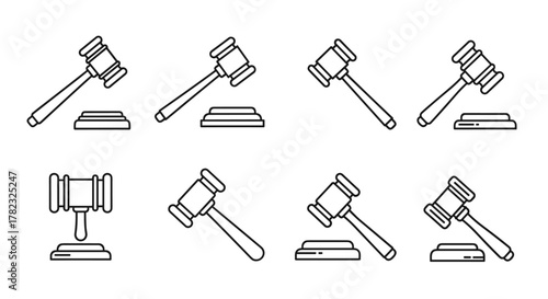A collection of eight modern outline-style gavel icons, presented on a clean white background, ideal for diverse design applications including cards, apps, and social networks, offering a versatile