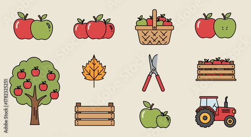 Vibrant flat icon set depicting the apple orchard harvest season, featuring ripe red and green apples, a laden apple tree, a rustic basket, wooden crates, a single autumn leaf, pruning shears, and a