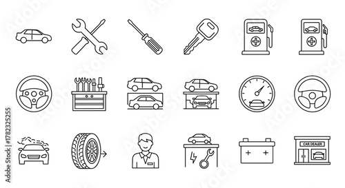 Set of editable stroke outline icons related to the vehicle and automobile industry, including cars, tools, gas station, steering wheel, tire, battery, and car dealer, isolated on a white background