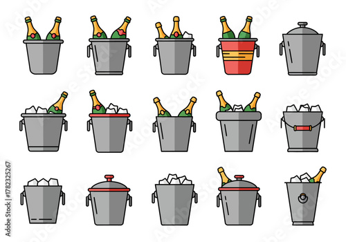 Collection of Champagne Buckets with Bottles of Bubbly in Outline Style
