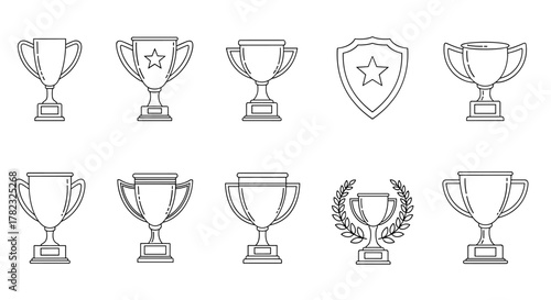Collection of outline winning cups and shields with stars and laurel wreaths, perfect for infographics, articles, books, flyers, and banners, representing victory, achievement, and success in a clean
