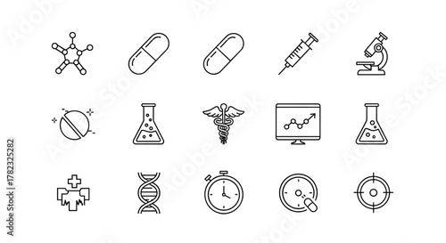 Set of 15 medical and science icons in a clean, ordered line art style on a white background, featuring a drug molecule, pills, syringe, microscope, DNA helix, flask, caduceus, stopwatch, and more