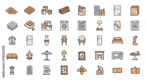 Construction and Renovation Line Icons Set: A Modern Thin Line Style Vector Illustration Featuring Home Repair, Finishing, Building Materials, Appliances, and Furniture for Design Projects