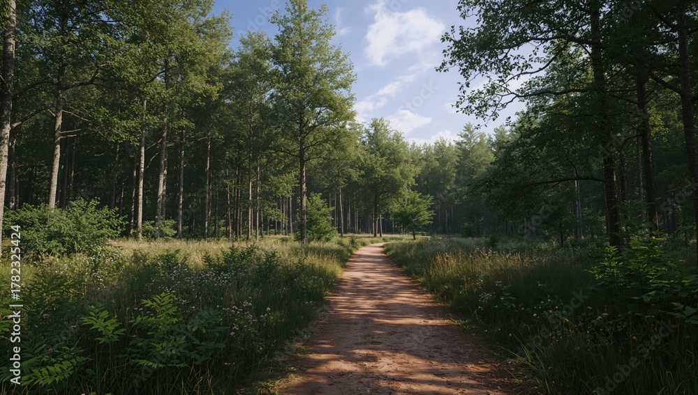 Naklejka premium A broad dirt pathway meanders adjacent to wooded terrain, highlighting seasonal change