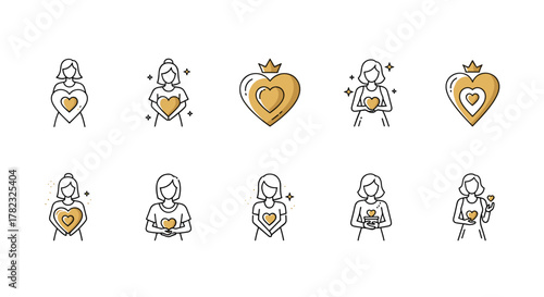 Collection of golden heart icons held by women, symbolizing love, care, and affection. This set features diverse representations of women embracing hearts, some adorned with crowns, presented as