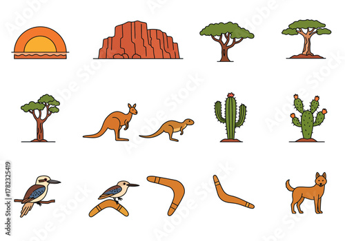 Australia Flora and Fauna Illustration Icons of the Outback