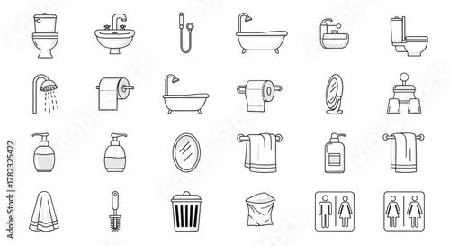 A comprehensive collection of clean and modern line art icons representing various bathroom and toilet essentials, perfect for graphic design, web development, app interfaces, and advertising