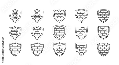 Collection of fifteen shield icons with brick wall patterns, presented in a clean, thin-line vector style on a white background. This ordered set of pictograms represents security, protection, and