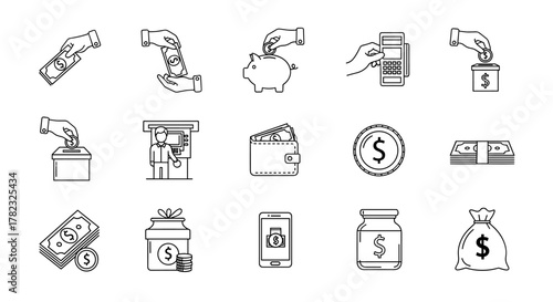A collection of line-style icons representing various financial transactions and concepts, including hands giving and receiving money, a piggy bank, an ATM, a wallet, coins, banknotes, a payment