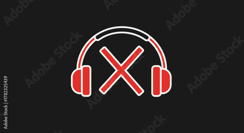 Red headphones with a white cross symbol superimposed, indicating no sound or mute functionality, presented against a stark black background. This graphic icon is suitable for web, apps, books, and