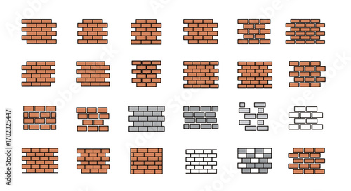 Collection of diverse brick wall patterns and textures, presented as flat vector illustrations. This ordered set includes various brick arrangements, colors, and styles, suitable for graphic design