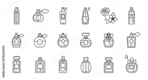 Collection of minimalistic linear perfume bottle icons, featuring various elegant designs and spray mechanisms, ideal for web, graphic design, apps, banners, social networks, and cards, presented as