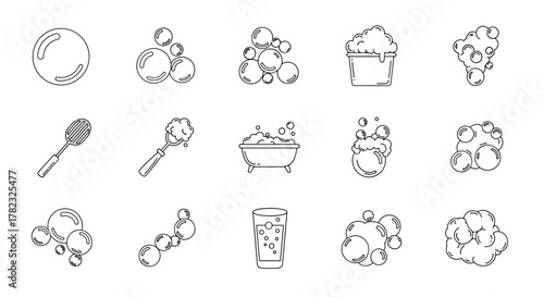 Collection of linear illustrations depicting bubbles and foam, including a single bubble, clusters of bubbles, a bucket of foam, a bathtub filled with bubbles, a glass of fizzy drink, and bubble