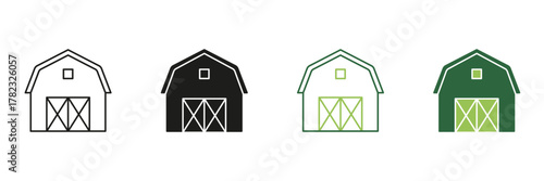 Barn Line And Solid Icon Set. Agricultural Building And Farm Storage Symbol Collection. Rural Architecture And Farming Facility Representation. Isolated Vector Illustration