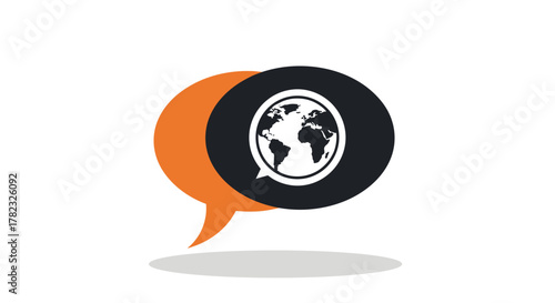 Global communication concept represented by a speech bubble containing a stylized globe icon, symbolizing international dialogue, connection, and worldwide conversation, rendered in a clean, modern