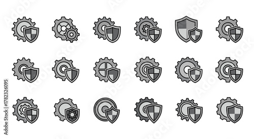 Set of graphic icons representing gears or cogwheels combined with shields, symbolizing security, protection, and mechanical systems. This vector cartoon illustration on a white background features a