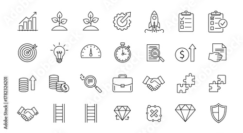 Set of outline icons related to progress, growth, and efficiency, featuring a linear icon collection with editable strokes, presented as a vector illustration. This ordered line icon set includes