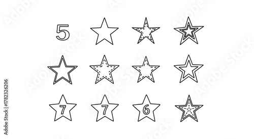 Collection of hand-drawn star illustrations and icons, featuring outlines, dashed lines, double outlines, and numbers 5, 6, and 7, presented on a clean white background for versatile graphic design