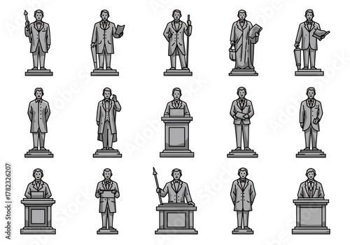 Diverse pixel art collection of standing figures in various poses, gray scale concept