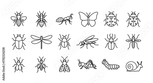 Collection of simple, editable stroke line art icons representing various insects and small creatures, perfect for infographics, articles, books, flyers, and banners, presented as a clean vector